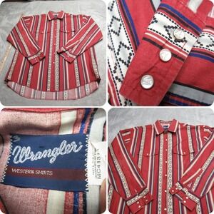 Wrangler Brushpopper Shirt Men XL Red Pearl Snap Striped Aztec Vintage RARE READ